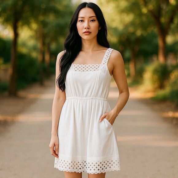 Maeve Eyelet Lace Trimmed Sundress Sz Small White Square Neck Pockets Lined - Picture 2 of 11